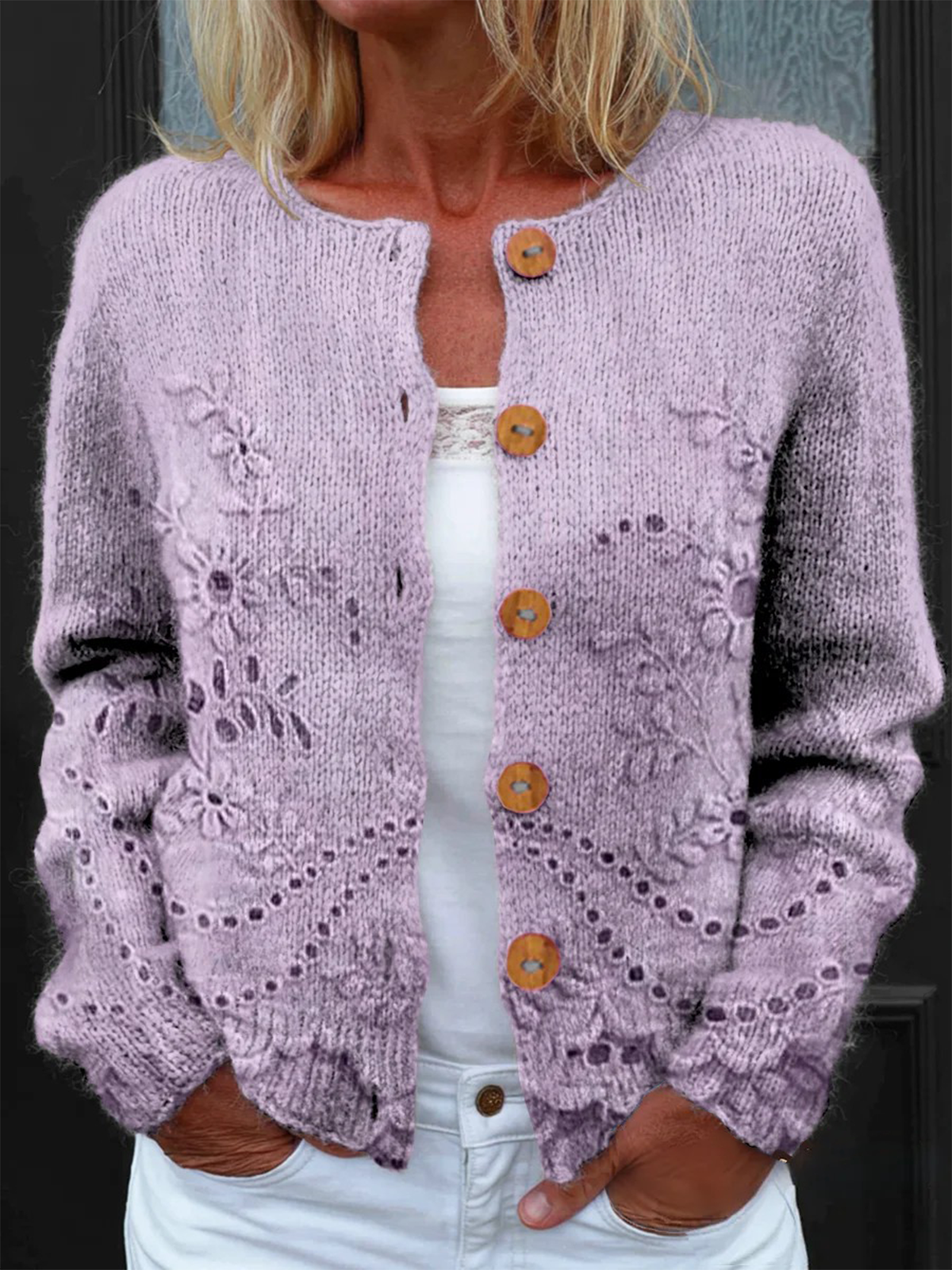 Women's Floral Texture Art Print Buttoned Cardigan Sweater
