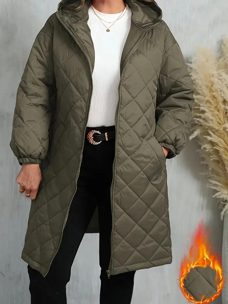 Elegant Quilted Hooded Jacket for Women Zippered Long Sleeves Quilted iacket