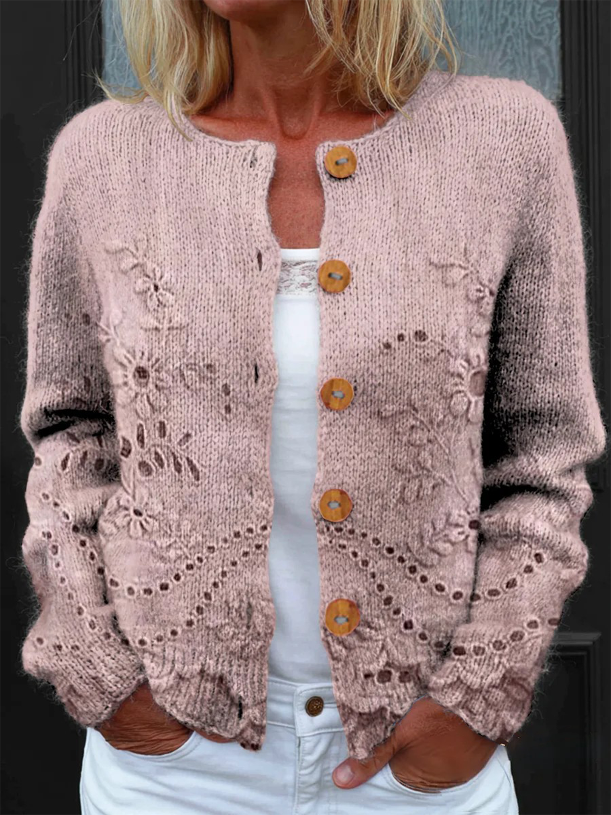 Women's Floral Texture Art Print Buttoned Cardigan Sweater