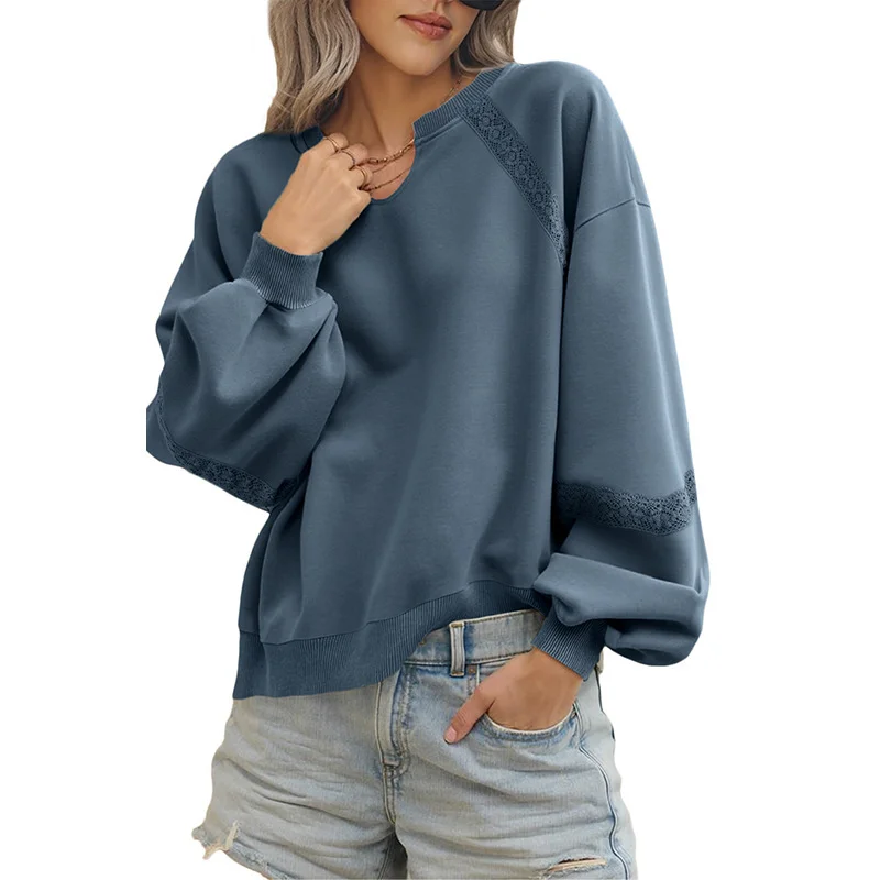 Casual V Neck Color Block Cotton Sweatshirt