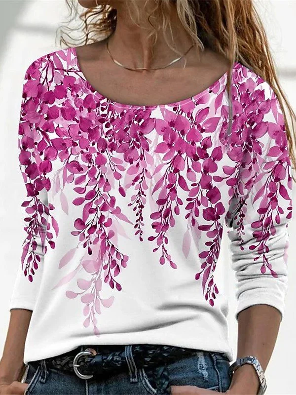 Women's Long Sleeve T-shirt Spring/Fall Blue Floral Printing Jersey Crew Neck Daily Going Out Casual Top