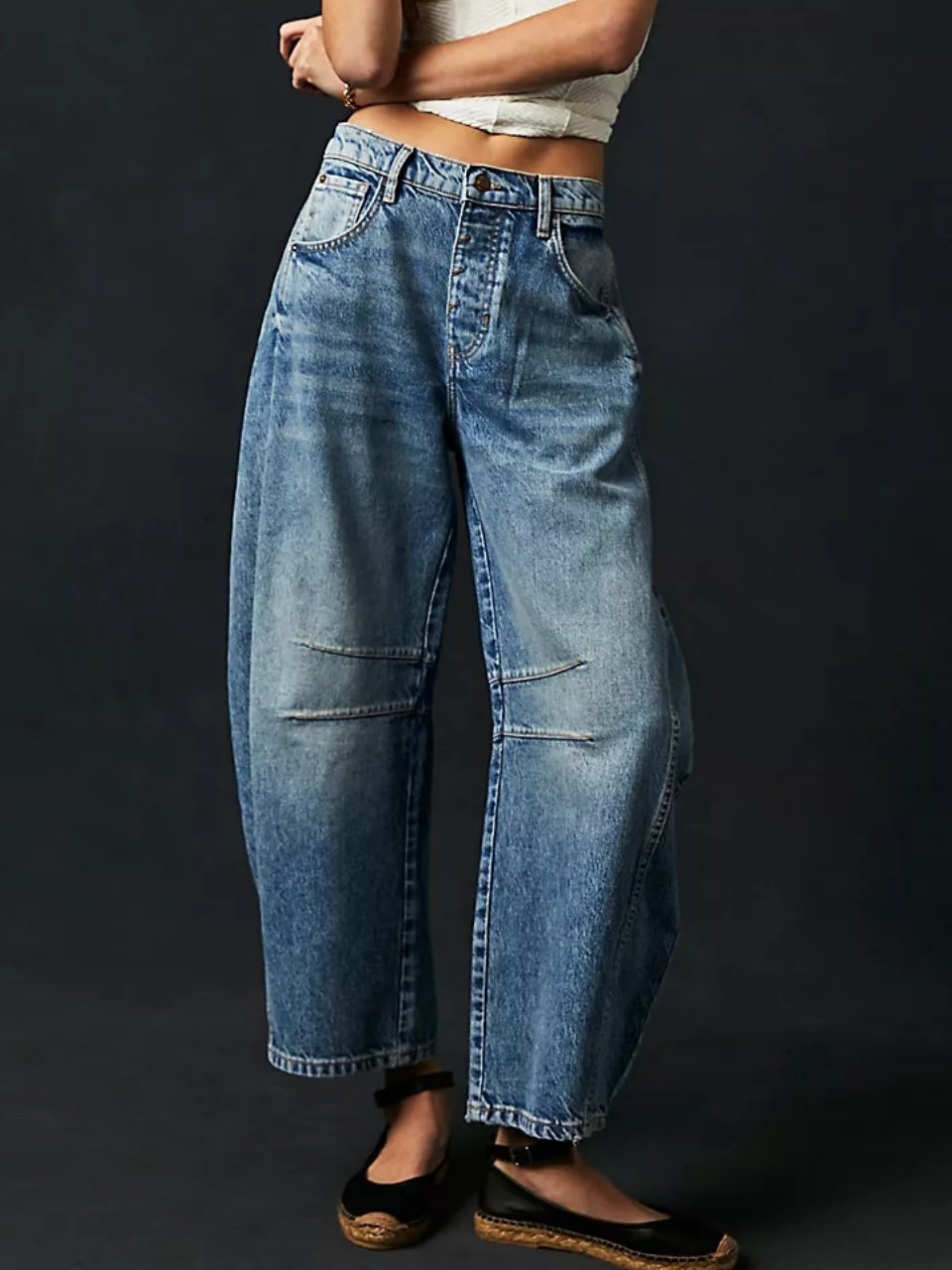 Buckle Cotton Loose Casual Women's Loose Wide Leg Pants Mid-low Rise Washed Scimitar Pants Jeans