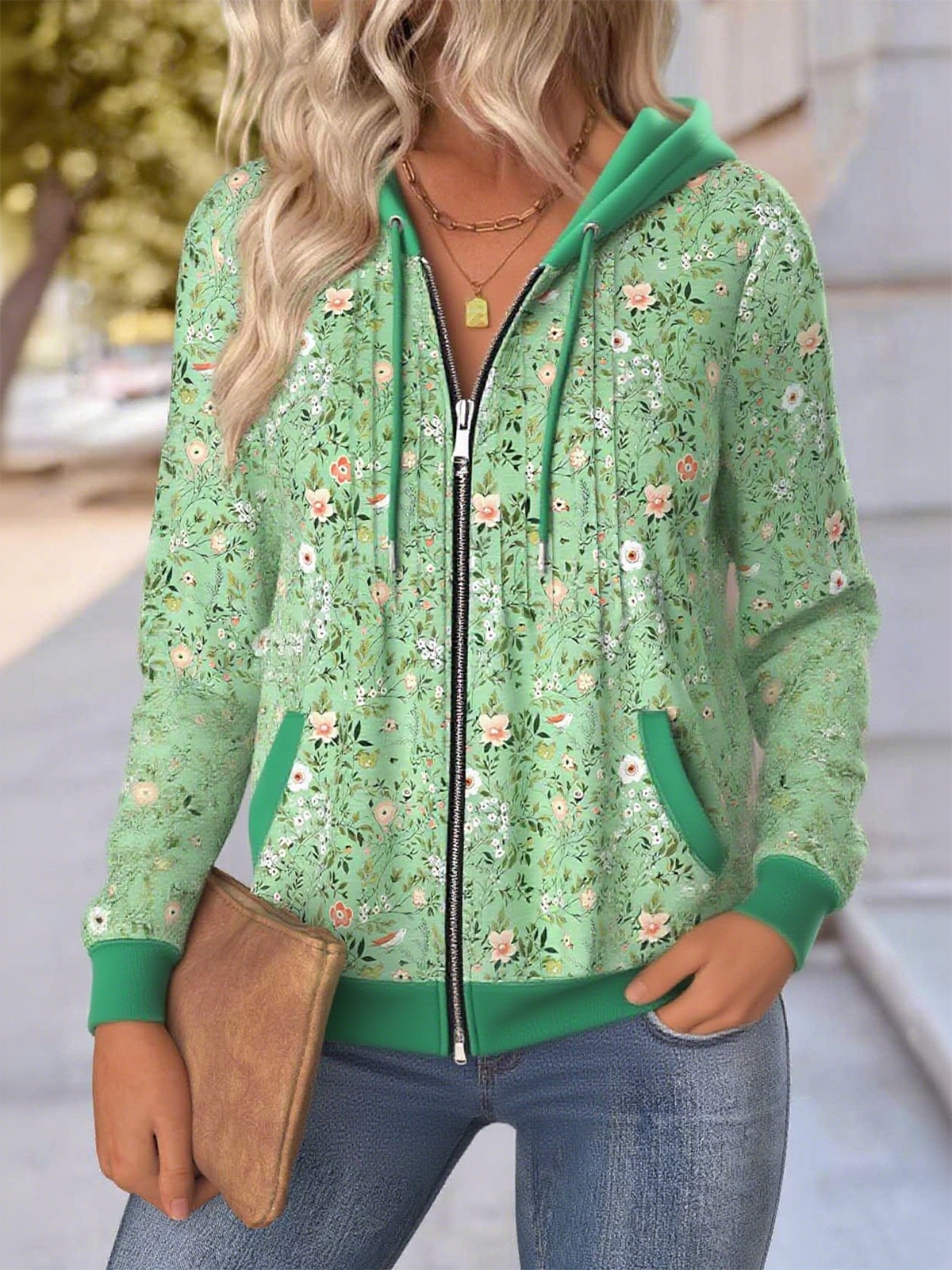 Women's Floral Hooded Jacket Casual Comfort Regular Sweatshirt