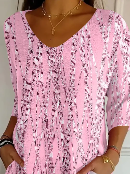 Women's Three Quarter Sleeve T-shirt Spring/Fall Pink Abstract Printing V Neck Daily Going Out Casual Top
