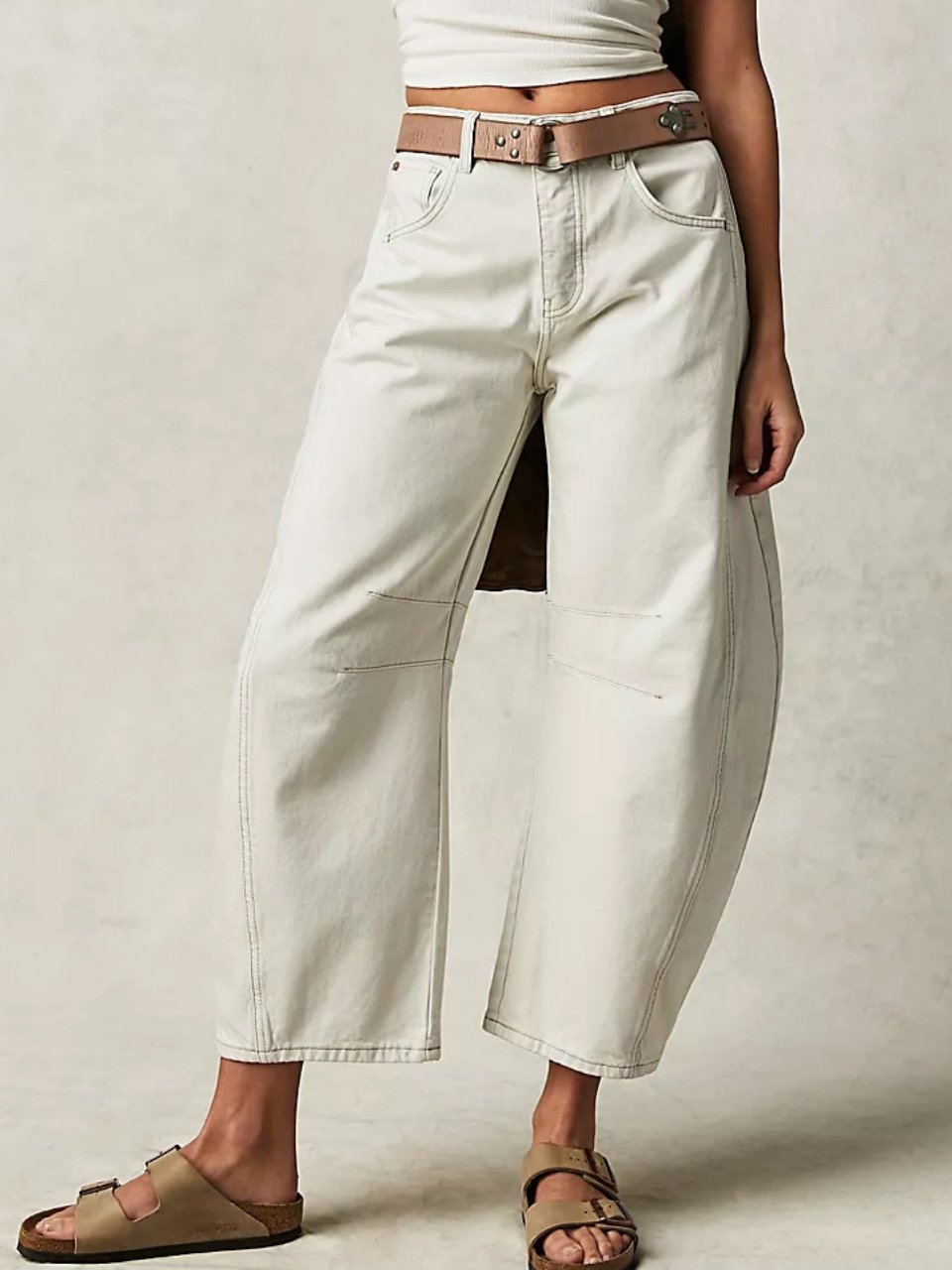 Buckle Cotton Loose Casual Women's Loose Wide Leg Pants Mid-low Rise Washed Scimitar Pants Jeans