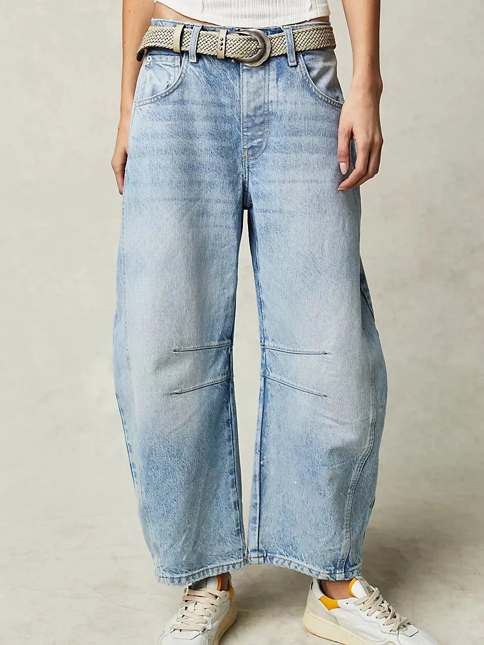 Buckle Cotton Loose Casual Women's Loose Wide Leg Pants Mid-low Rise Washed Scimitar Pants Jeans