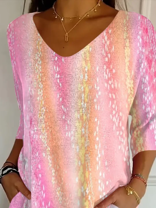 Women's Three Quarter Sleeve T-shirt Spring/Fall Pink Abstract Printing V Neck Daily Going Out Casual Top