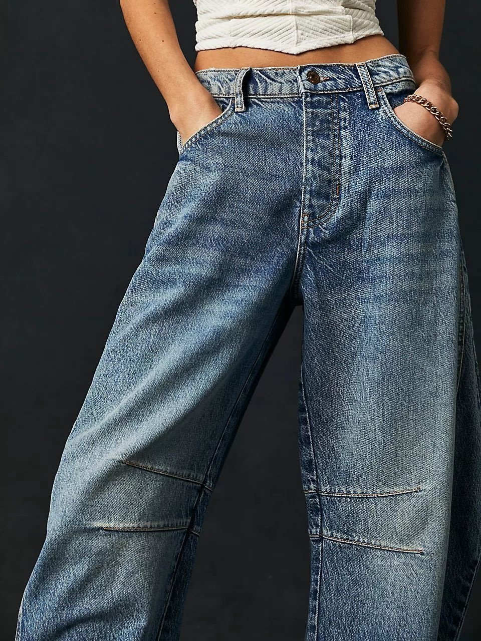 Buckle Cotton Loose Casual Women's Loose Wide Leg Pants Mid-low Rise Washed Scimitar Pants Jeans