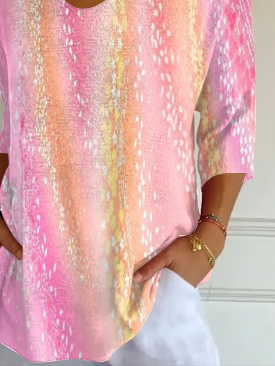 Women's Three Quarter Sleeve T-shirt Spring/Fall Pink Abstract Printing V Neck Daily Going Out Casual Top