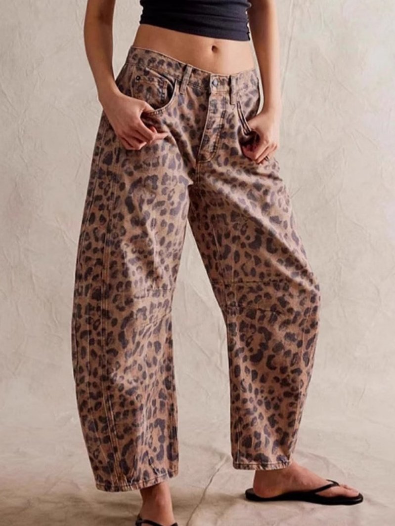 Buckle Cotton Loose Casual Women's Loose Wide Leg Pants Mid-low Rise Washed Scimitar Pants Jeans