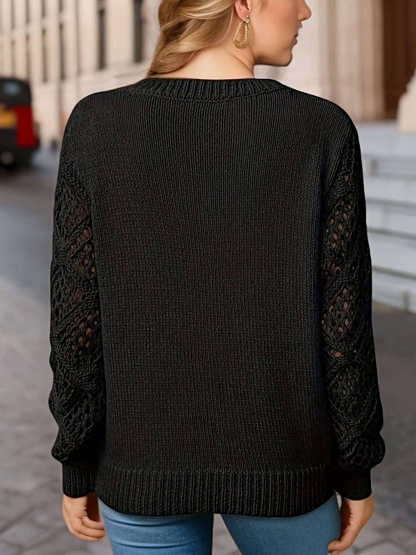Basic Wool Hollow Knit Pullover Long Sleeve Crochet Jacquard Loose V-neck Bottoming Sweater