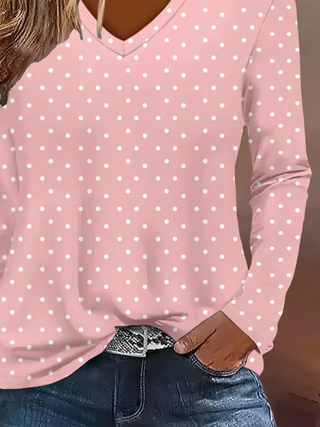 Women's Long Sleeve T-shirt Spring/Fall Pink Polka Dots Printing Jersey V Neck Daily Going Out Casual Top