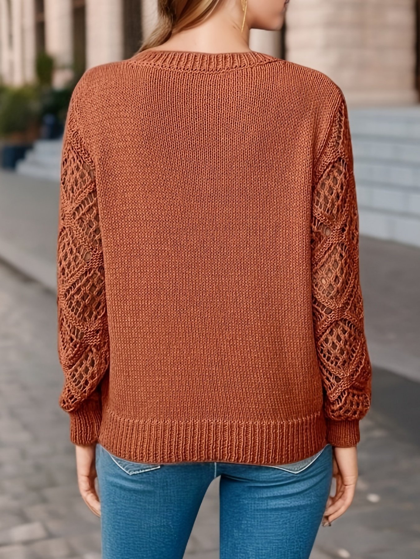 Basic Wool Hollow Knit Pullover Long Sleeve Crochet Jacquard Loose V-neck Bottoming Sweater