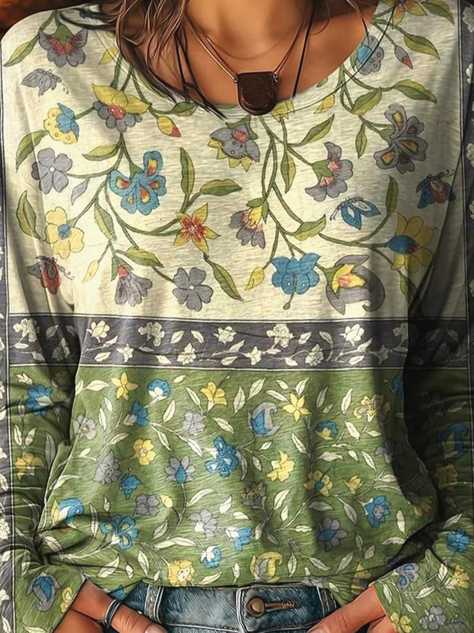 Women's Retro Floral Pattern Long Sleeve T-Shirt Casual Comfort Regular Loose Top