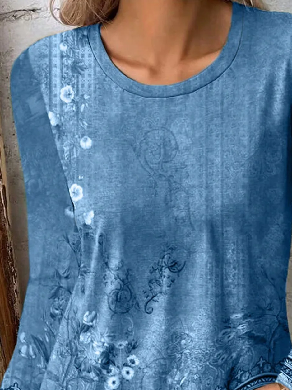 Women's Long Sleeve T-shirt Spring/Fall Blue Floral Printing Jersey Crew Neck Daily Going Out Casual Top