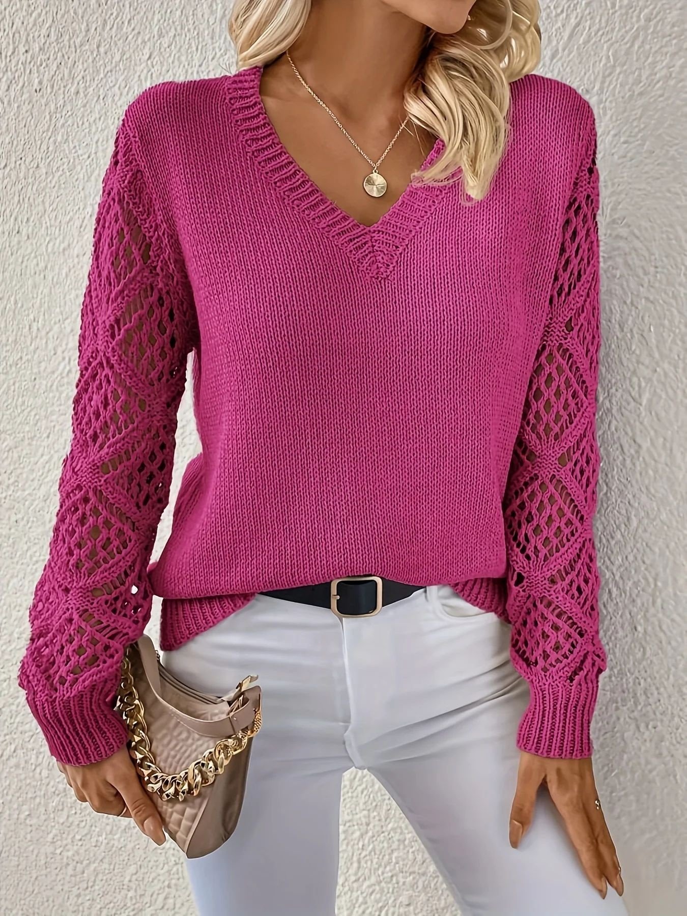 Basic Wool Hollow Knit Pullover Long Sleeve Crochet Jacquard Loose V-neck Bottoming Sweater