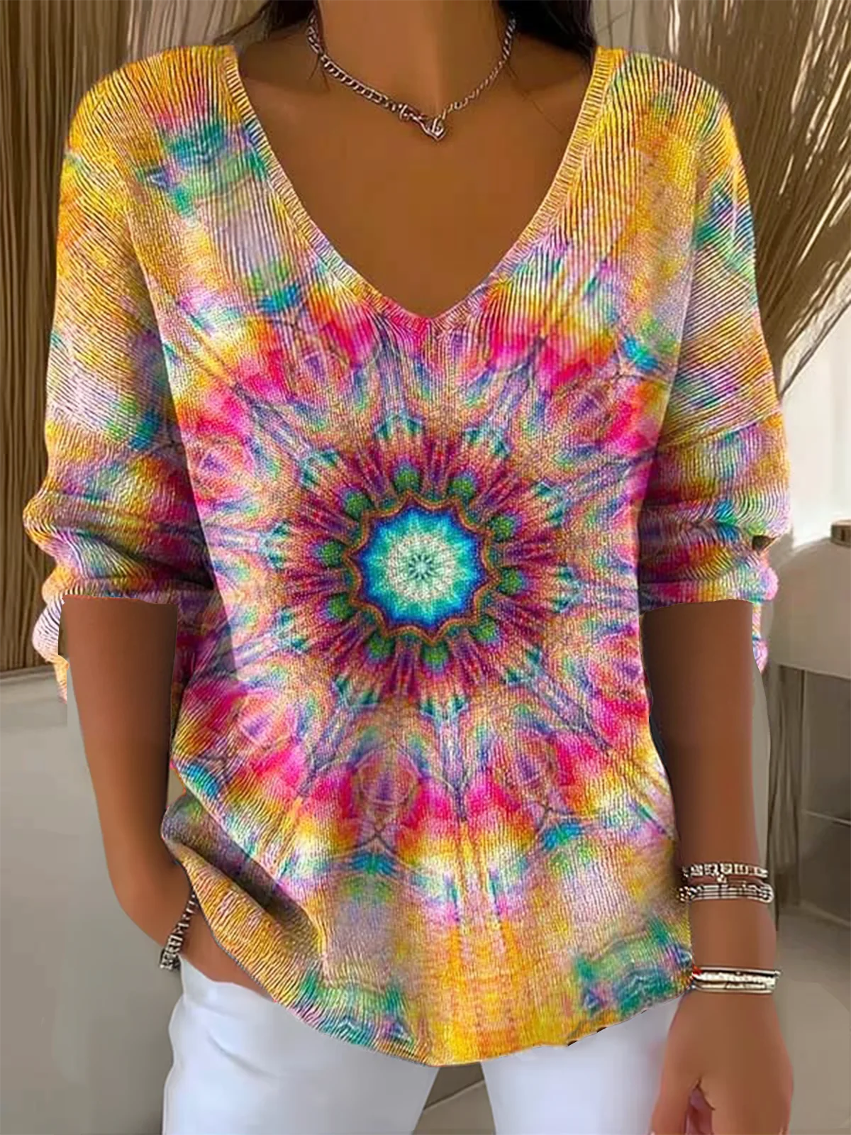 Women's Kaleidoscope Art Pattern T-shirt Casual Comfort Regular Striped Top