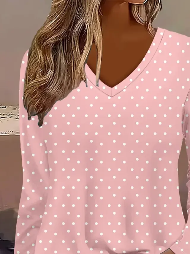 Women's Long Sleeve T-shirt Spring/Fall Pink Polka Dots Printing Jersey V Neck Daily Going Out Casual Top