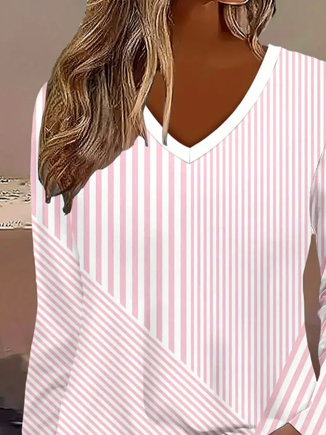 Women's Long Sleeve T-shirt Spring/Fall Pink Striped Printing Jersey V Neck Daily Going Out Casual Top