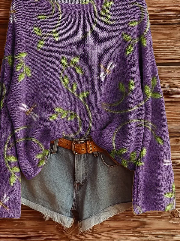 Women's Floral Dragonfly Print Casual Long Sleeve Top