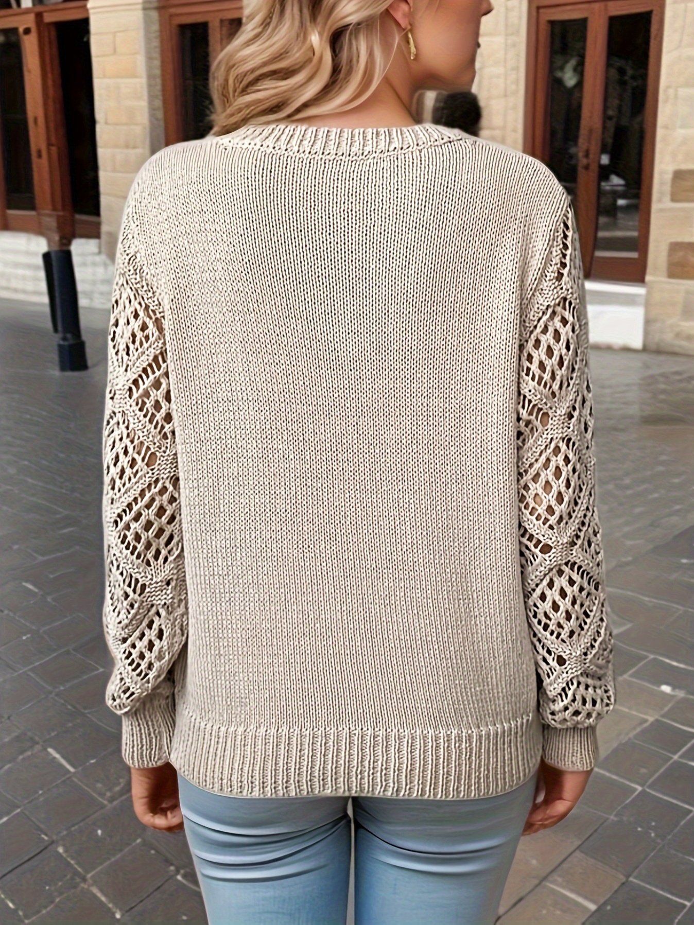 Basic Wool Hollow Knit Pullover Long Sleeve Crochet Jacquard Loose V-neck Bottoming Sweater