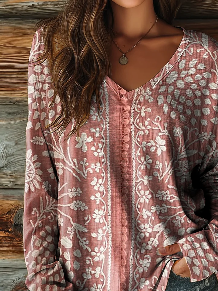 Women's Long Sleeve T-shirt Spring/Fall Pink Floral Printing Jersey V Neck Daily Going Out Casual Top
