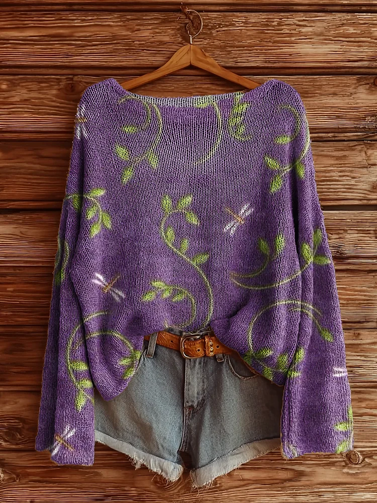 Women's Floral Dragonfly Print Casual Long Sleeve Top