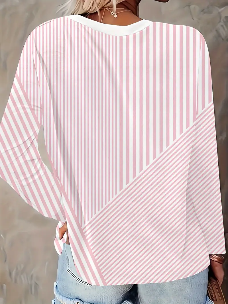 Women's Long Sleeve T-shirt Spring/Fall Pink Striped Printing Jersey V Neck Daily Going Out Casual Top