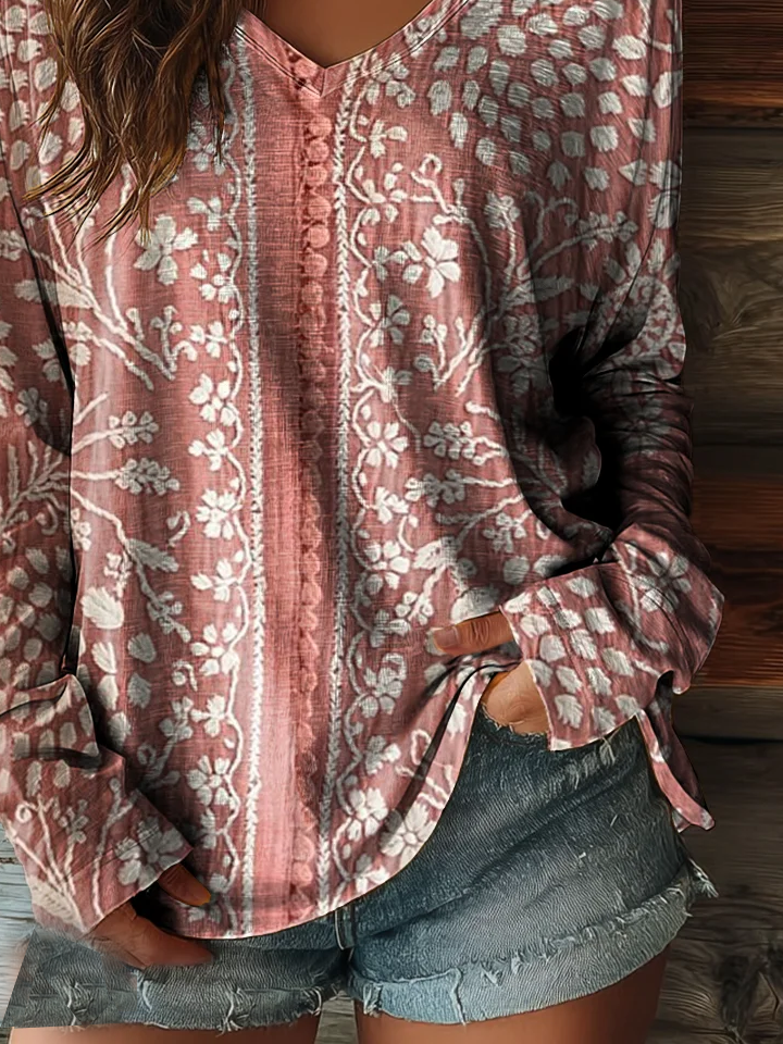 Women's Long Sleeve T-shirt Spring/Fall Pink Floral Printing Jersey V Neck Daily Going Out Casual Top