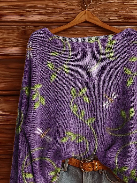 Women's Floral Dragonfly Print Casual Long Sleeve Top