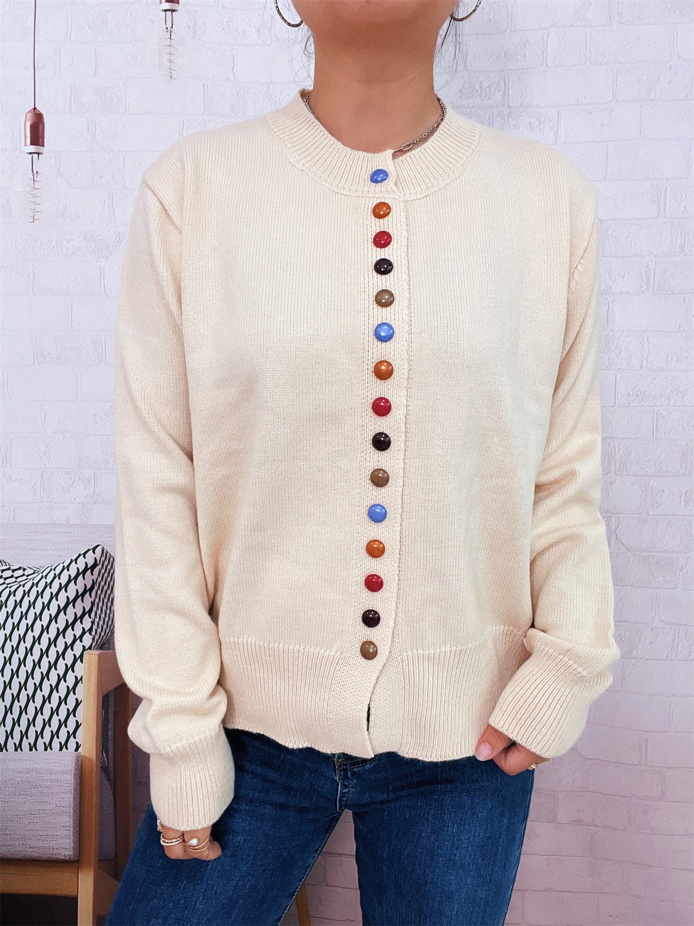 Crew Neck Casual Cotton Cardigan