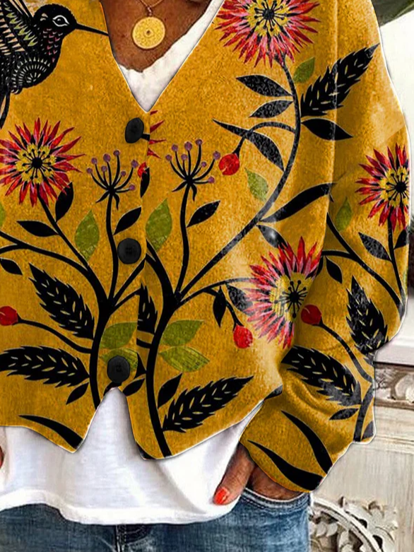 Women's Floral Print Casual V-Neck Button Long Sleeve Cardigan