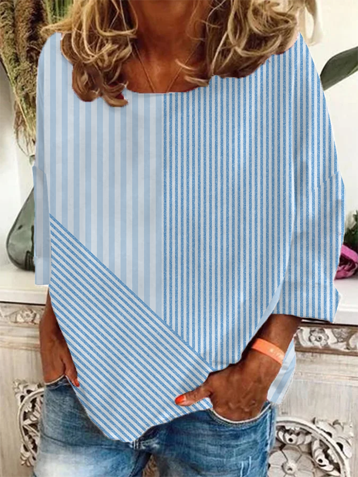 Women's Long Sleeve T-shirt Spring/Fall Pink Striped Printing Crew Neck Holiday Going Out Casual Top