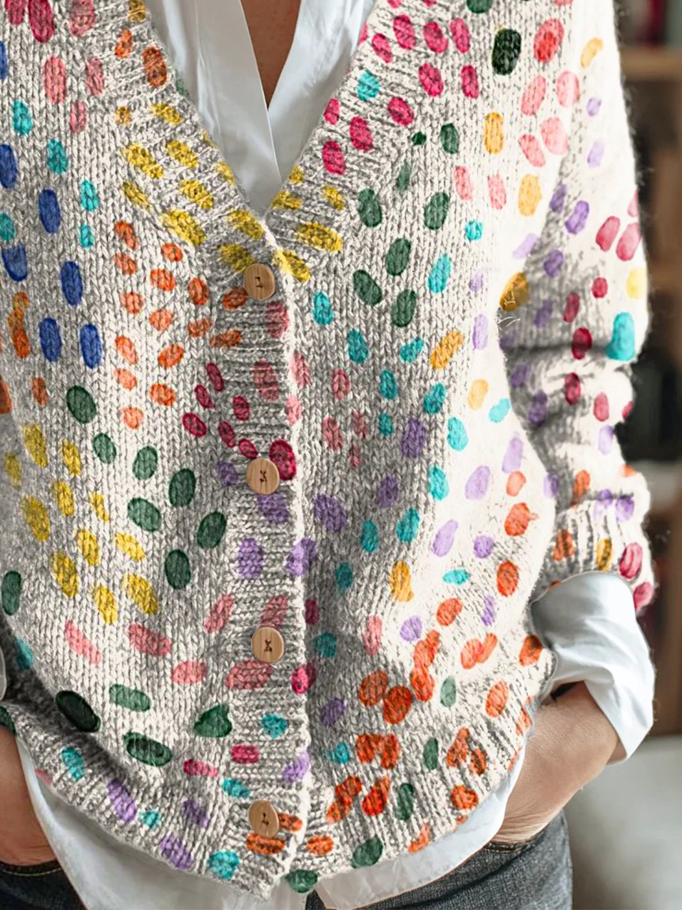Colorful Polka Point Art Print Buttoned V-neck Cardigan Sweater