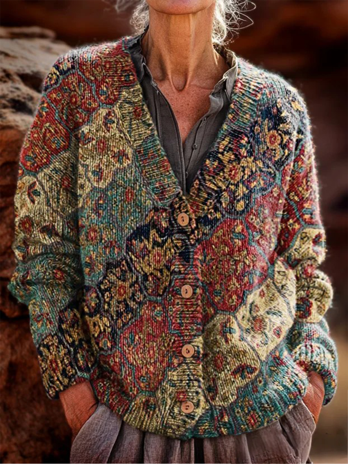 Women's Retro Ethnic Pattern Cardigan Casual Comfort Regular Sweater Jacket