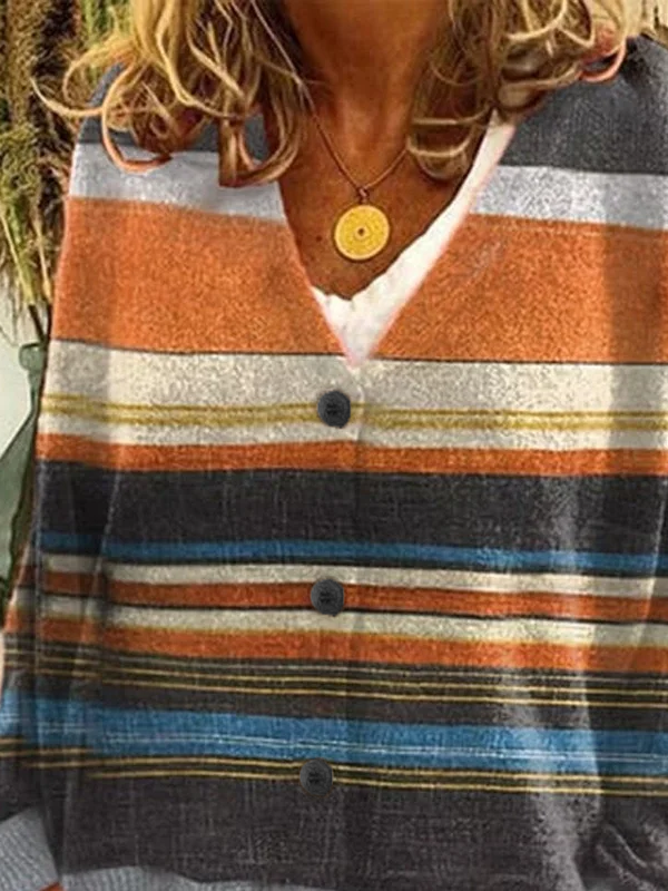 Women's Striped Print Casual V-Neck Button Long Sleeve Cardigan