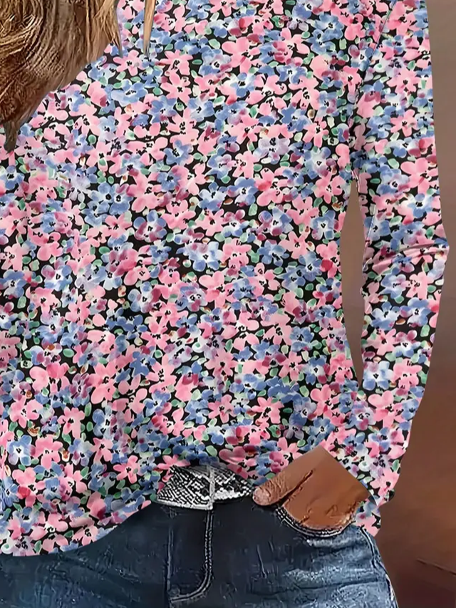 Women's Long Sleeve T-shirt Spring/Fall Pink Floral Printing Jersey Crew Neck Daily Going Out Casual Top