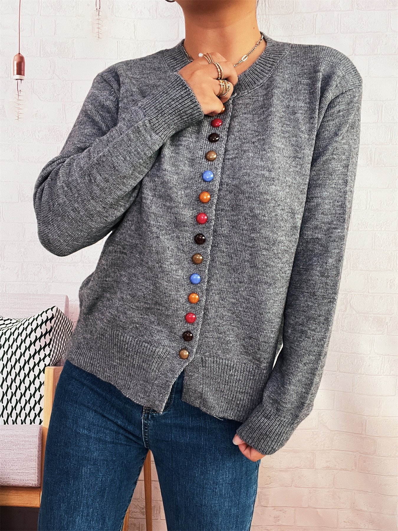 Crew Neck Casual Cotton Cardigan