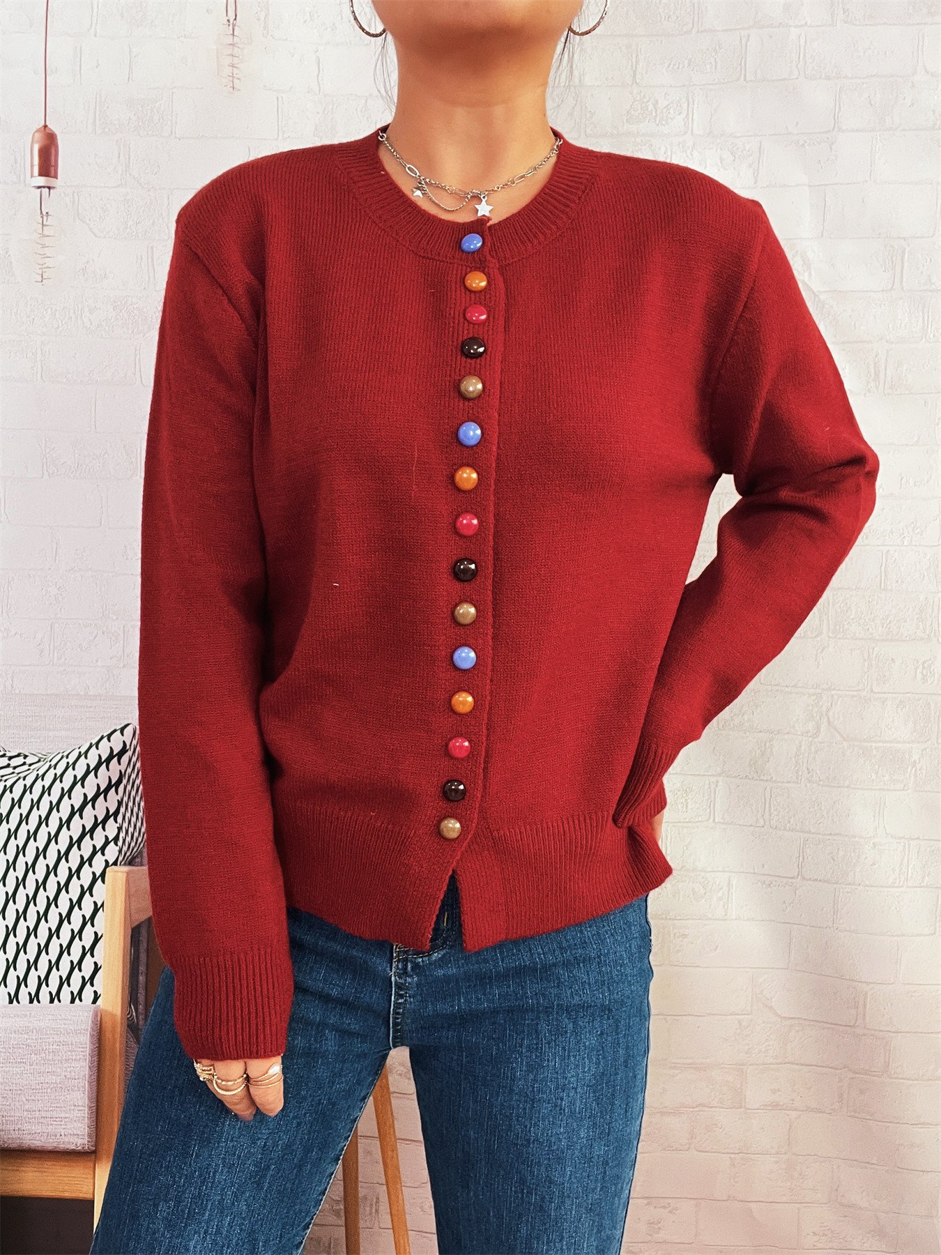 Crew Neck Casual Cotton Cardigan