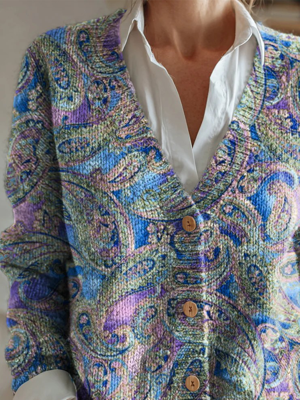 Women's Paisley Pattern V-Neck Cardigan Casual Comfort Regular Sweatshirt Jacket