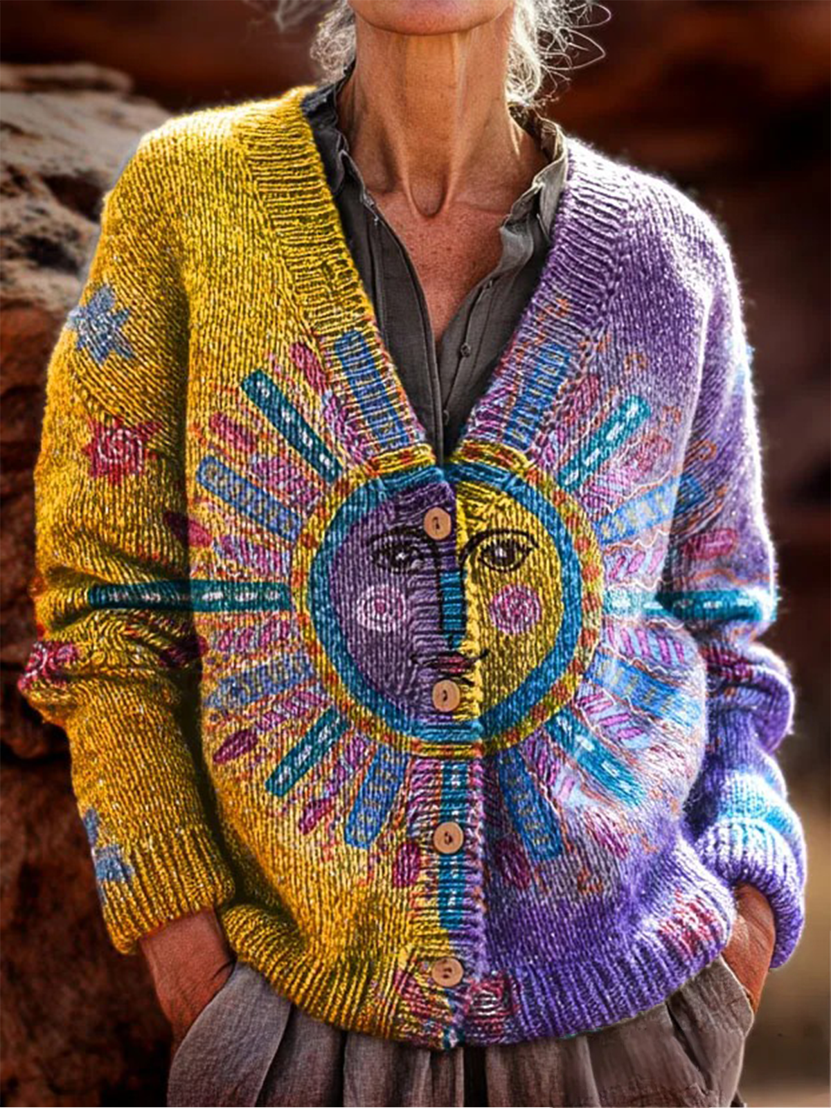 Women's Retro Pattern Cardigan Casual Comfort Regular Sweatshirt Jacket