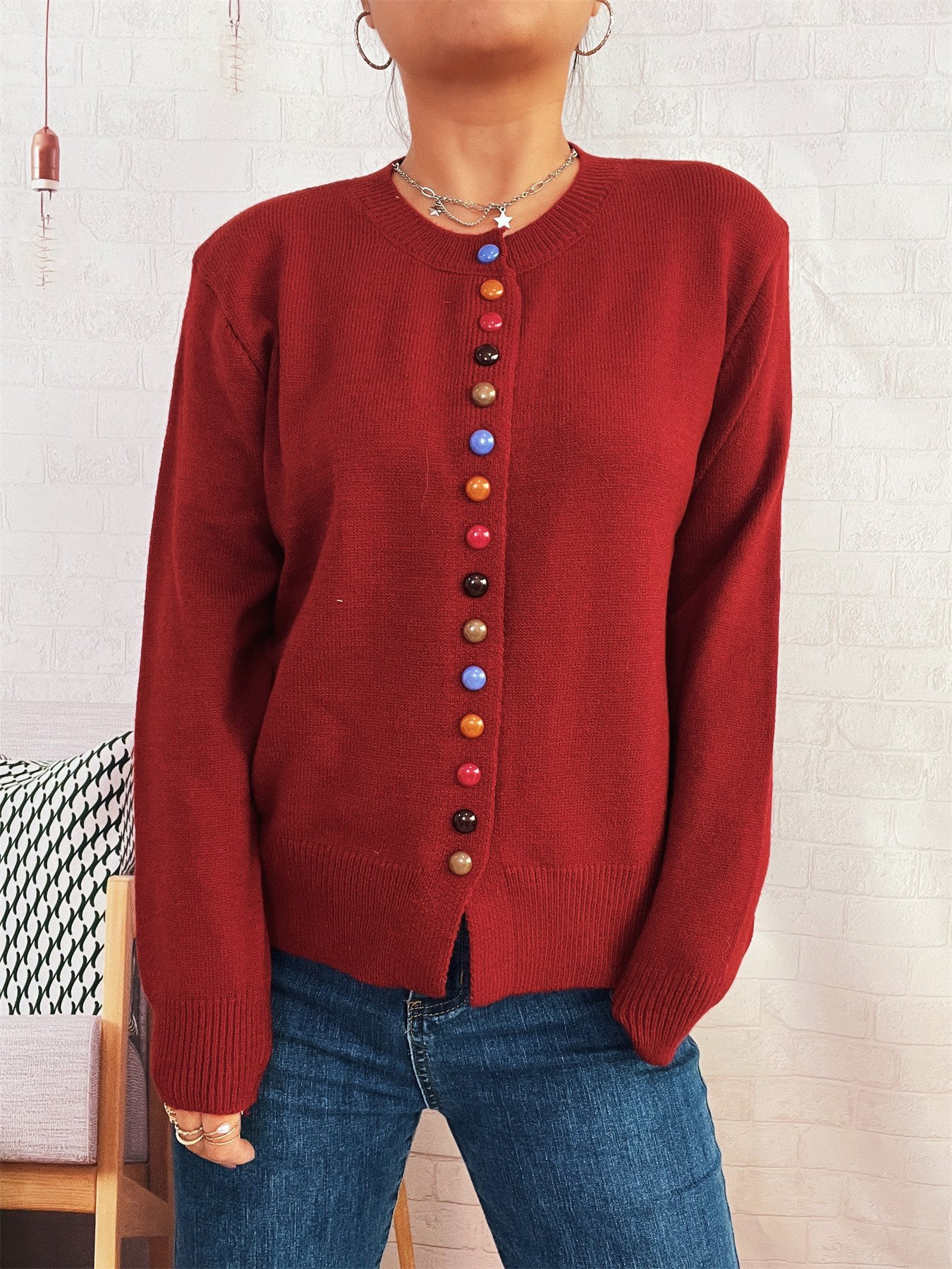 Crew Neck Casual Cotton Cardigan