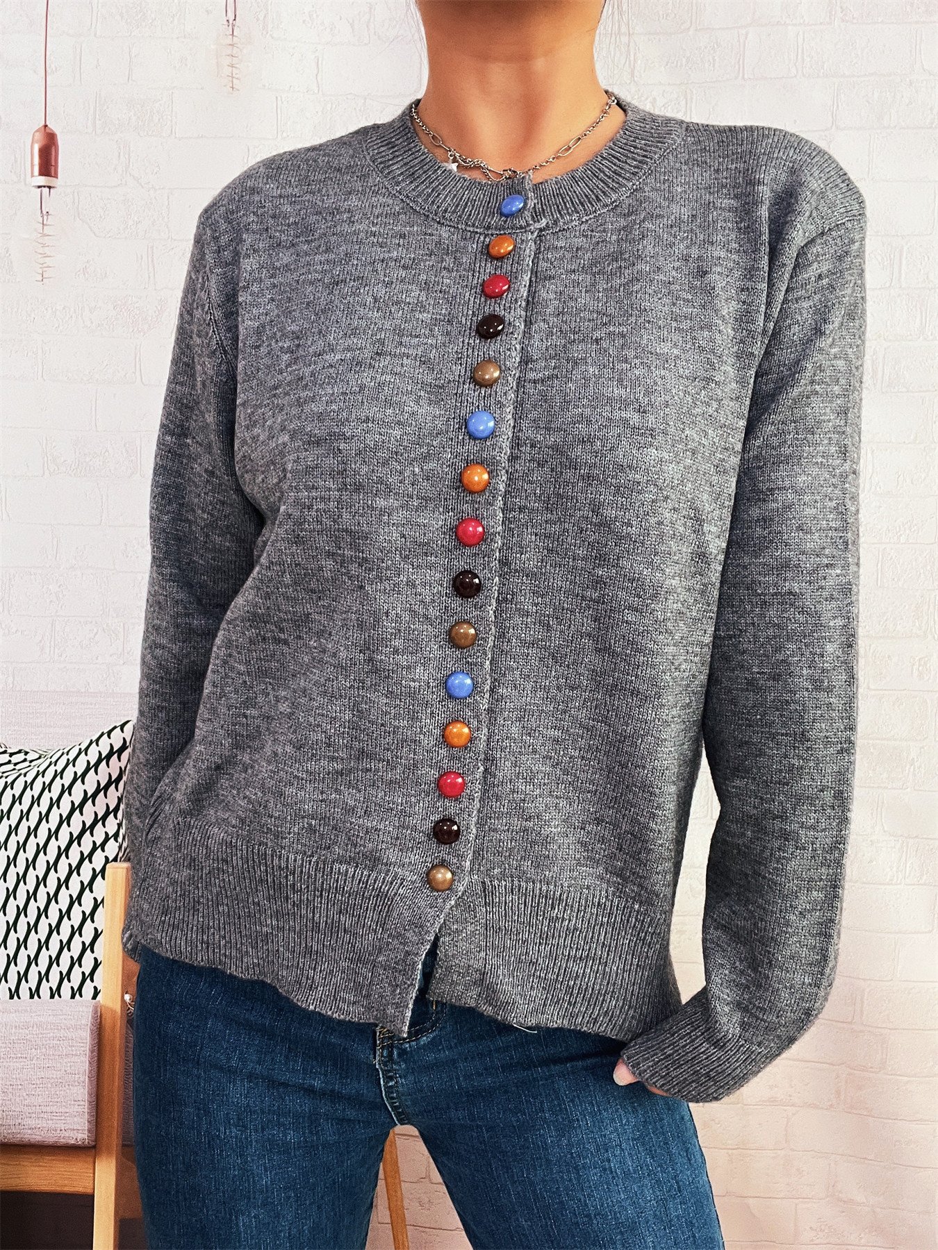 Crew Neck Casual Cotton Cardigan
