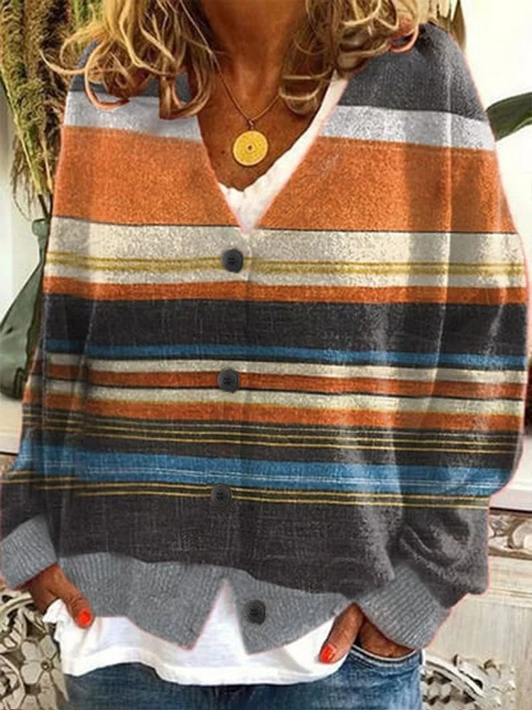Women's Striped Print Casual V-Neck Button Long Sleeve Cardigan