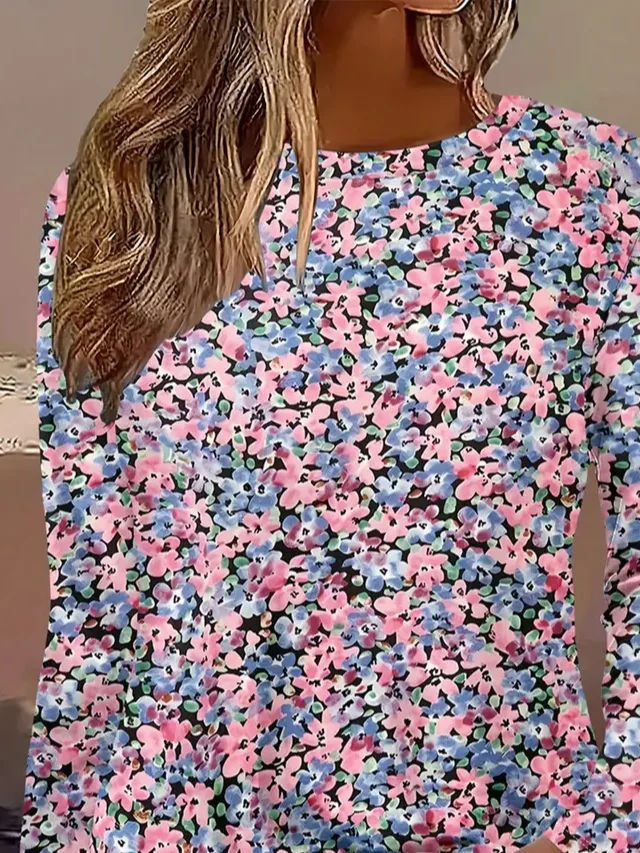 Women's Long Sleeve T-shirt Spring/Fall Pink Floral Printing Jersey Crew Neck Daily Going Out Casual Top