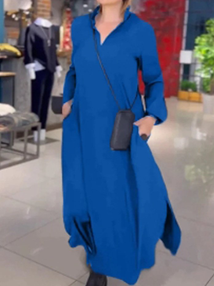 Women's Long Sleeve Spring/Fall Black Plain Split Joint V Neck Daily Going Out Vintage Maxi A-Line Shirt Dress Dress
