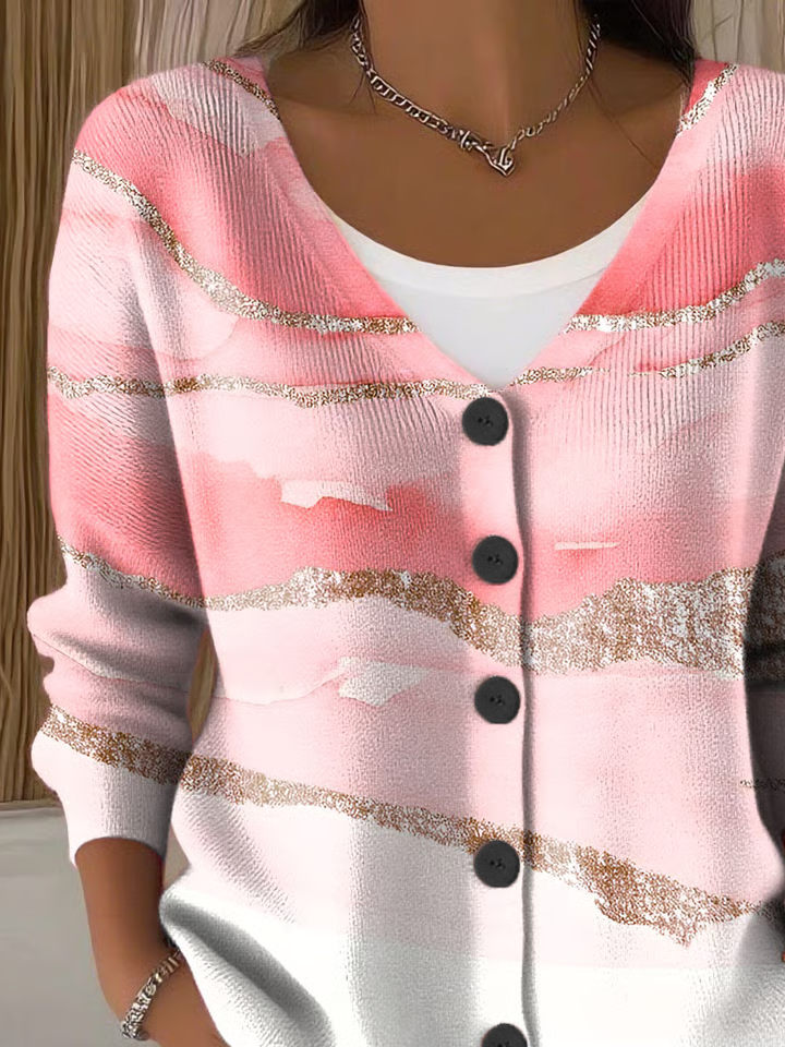 Women's Abstract Print Casual V-Neck Button Long Sleeve Cardigan