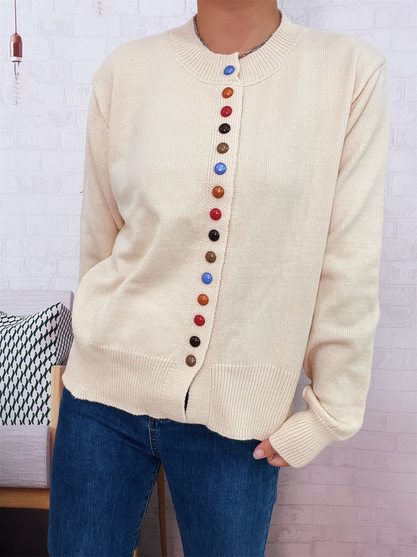 Crew Neck Casual Cotton Cardigan