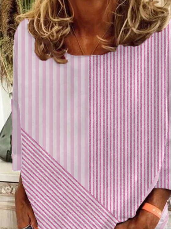 Women's Long Sleeve T-shirt Spring/Fall Pink Striped Printing Crew Neck Holiday Going Out Casual Top