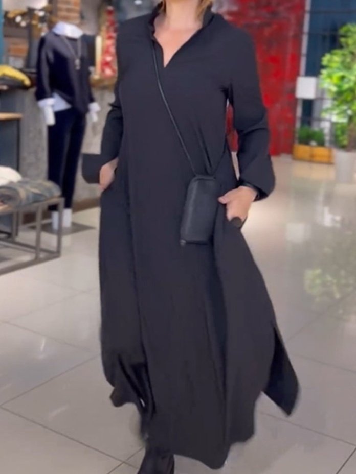 Women's Long Sleeve Spring/Fall Black Plain Split Joint V Neck Daily Going Out Vintage Maxi A-Line Shirt Dress Dress